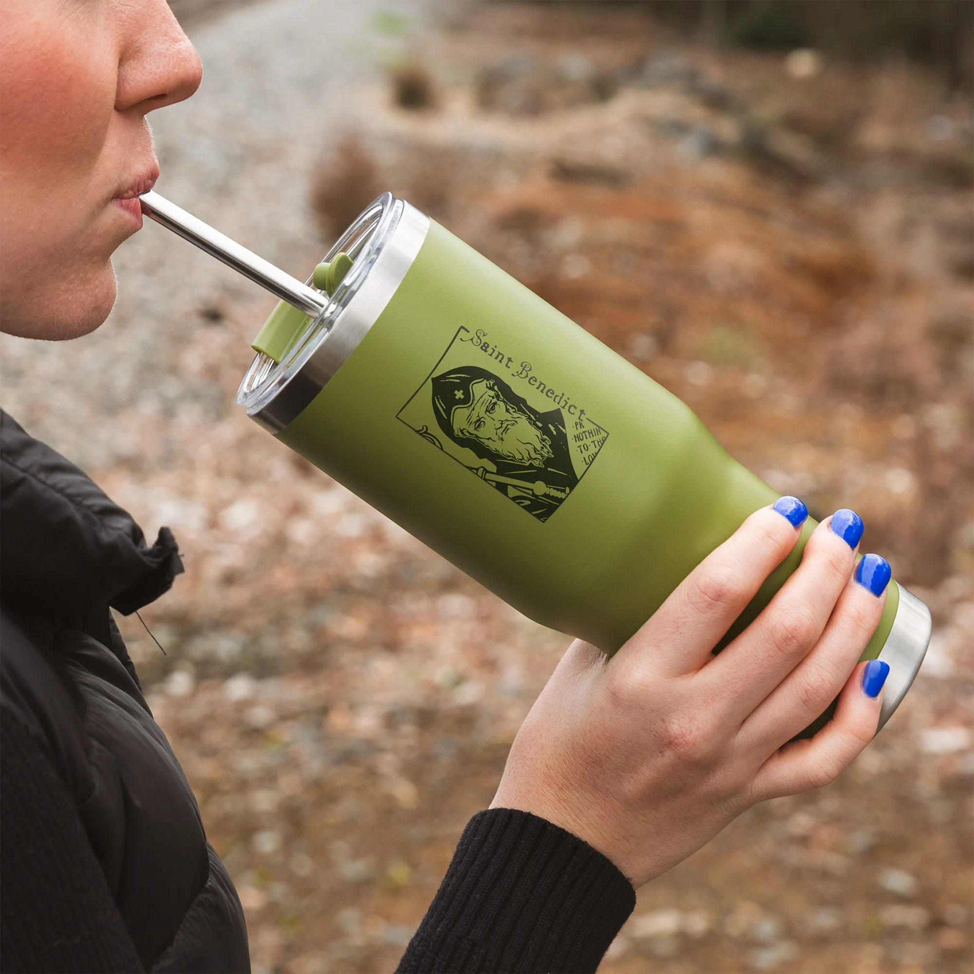 Green St. Benedict Stainless Steel Tumbler with Straw - Image 2