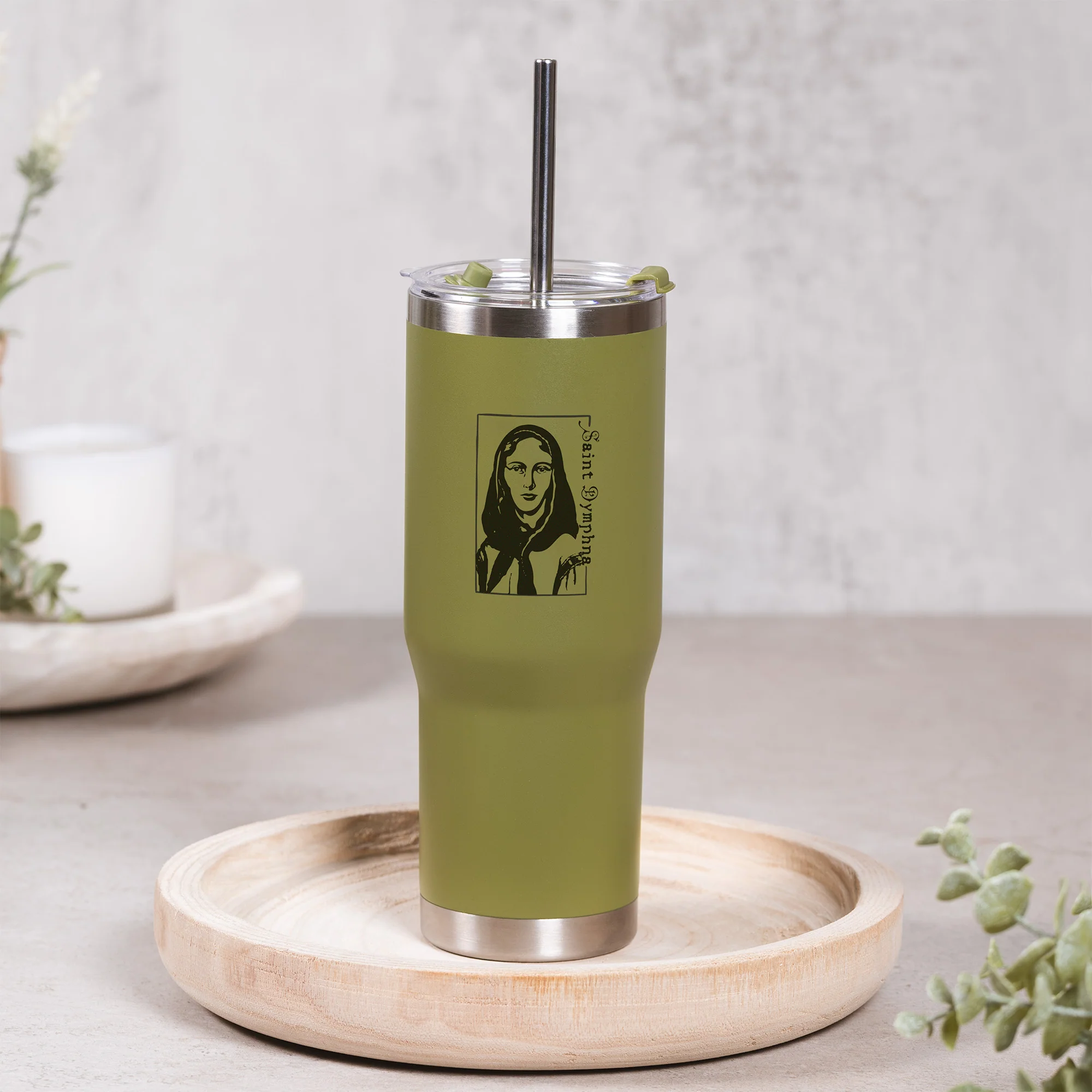 Green St. Dymphna Stainless Steel Tumbler with Straw - Image 3