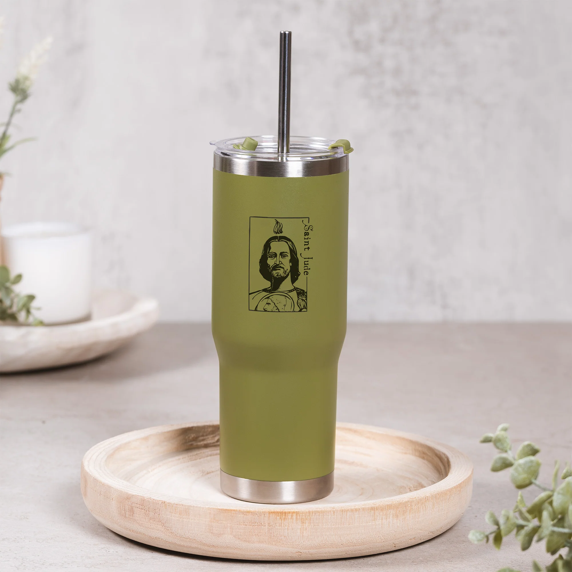 Green St. Jude Stainless Steel Tumbler with Straw - Image 4