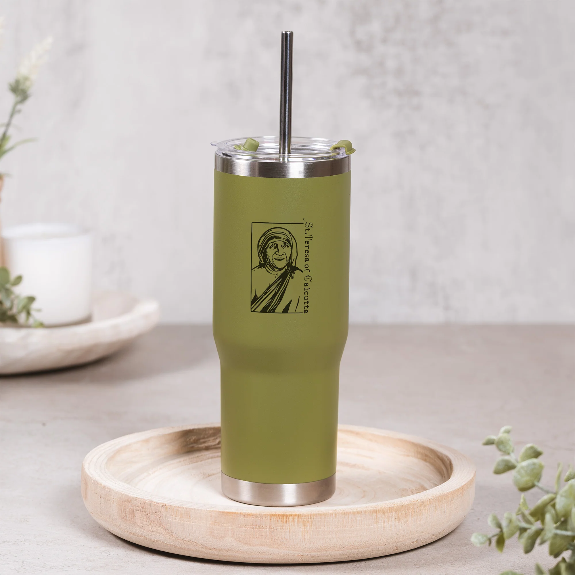 Green St. Mother Teresa Stainless Steel Tumbler with Straw - Image 4