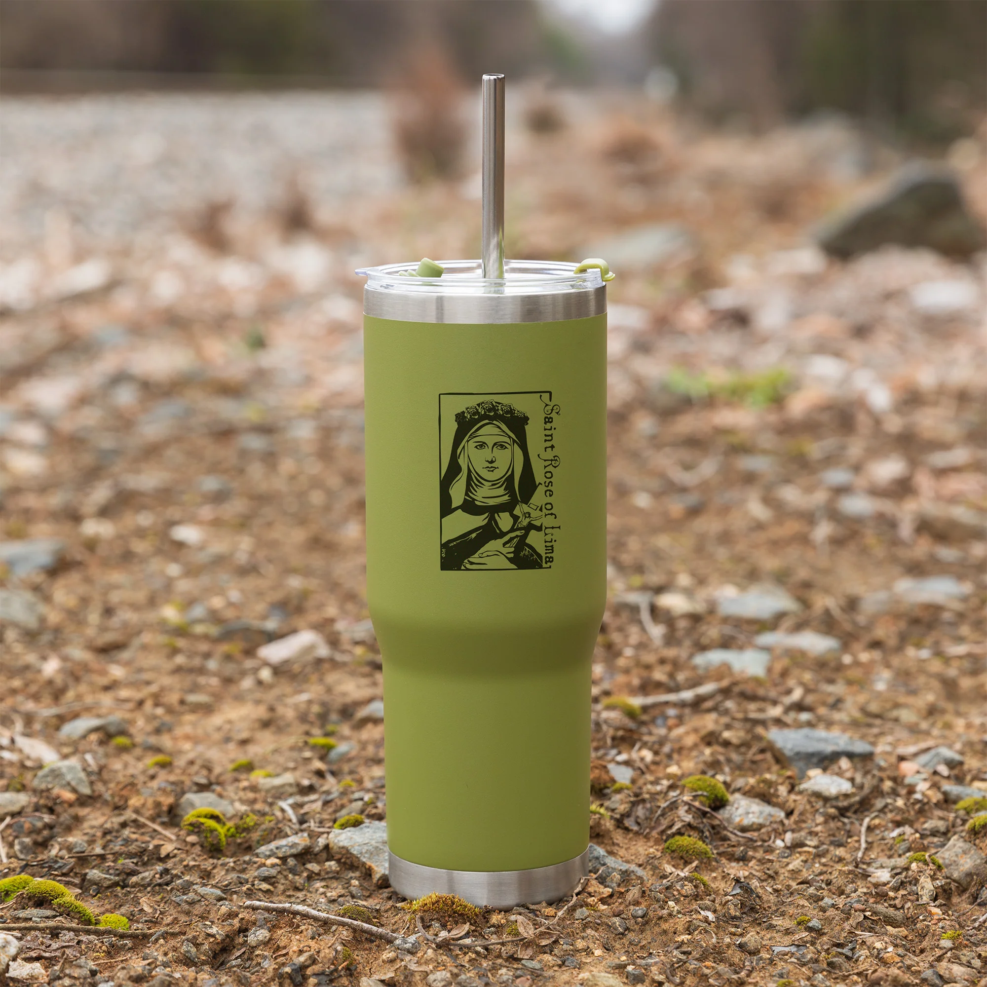 Green St. Rose of Lima Stainless Steel Tumbler with Straw