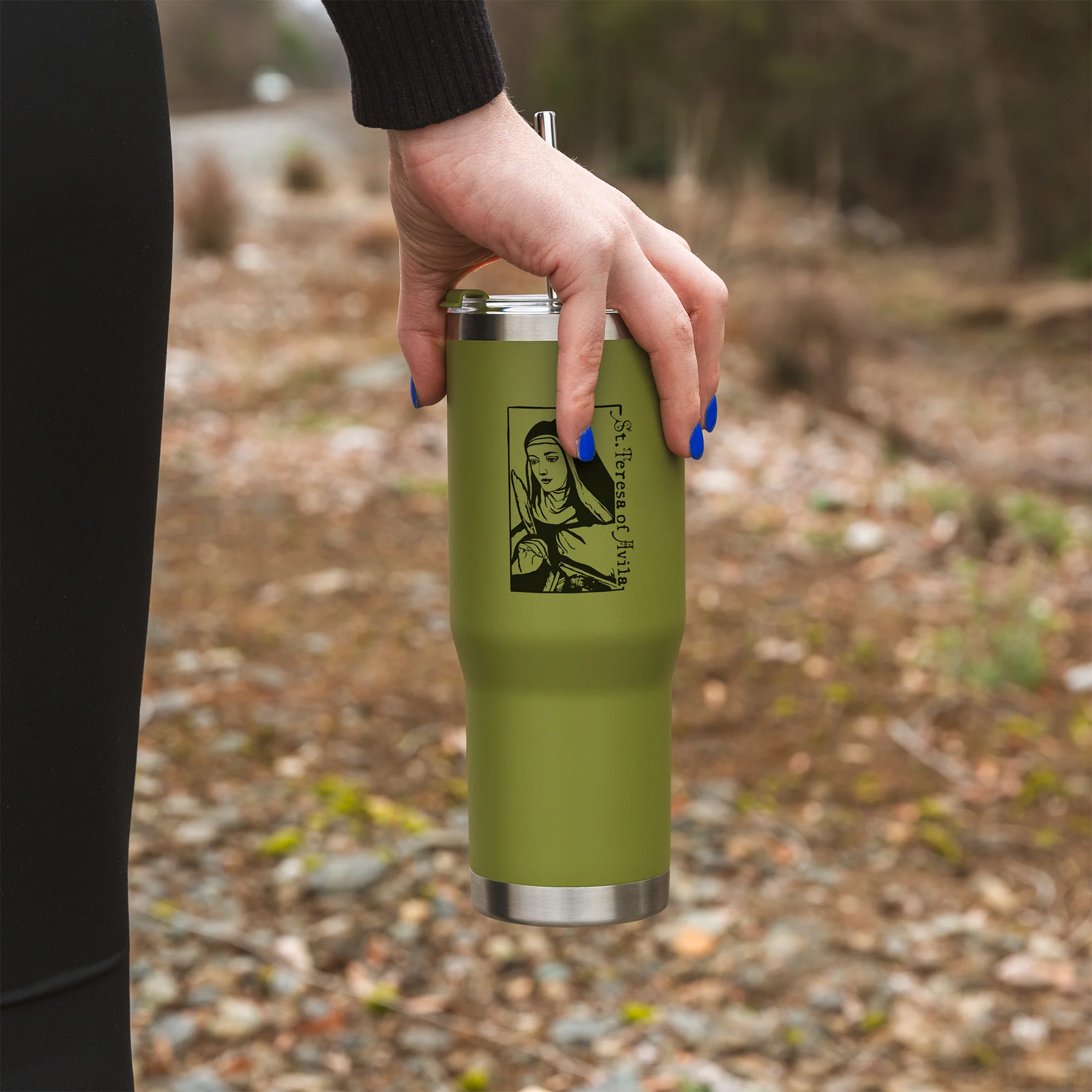 Green St. Teresa Avila Stainless Steel Tumbler with Straw - Image 3