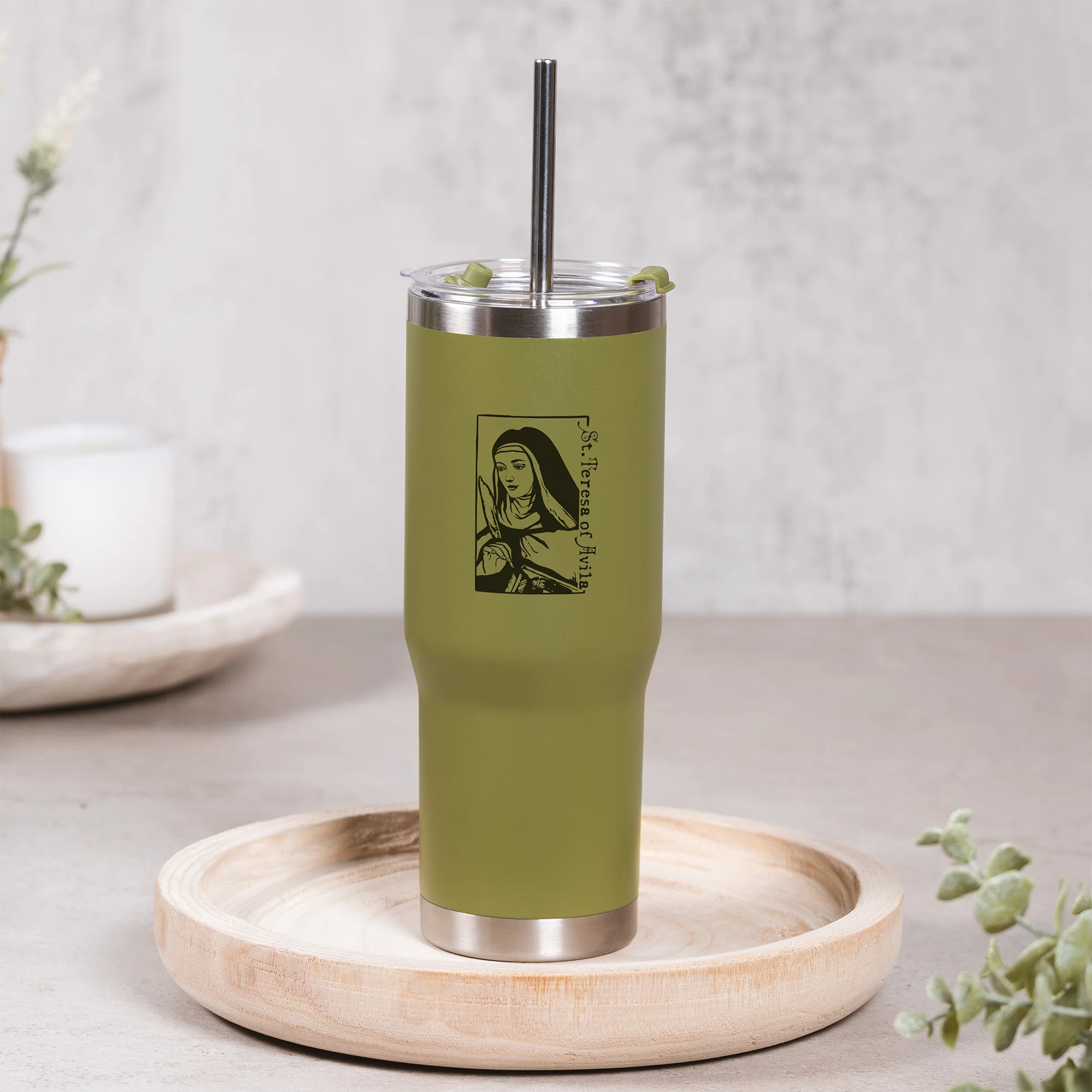Green St. Teresa Avila Stainless Steel Tumbler with Straw - Image 4