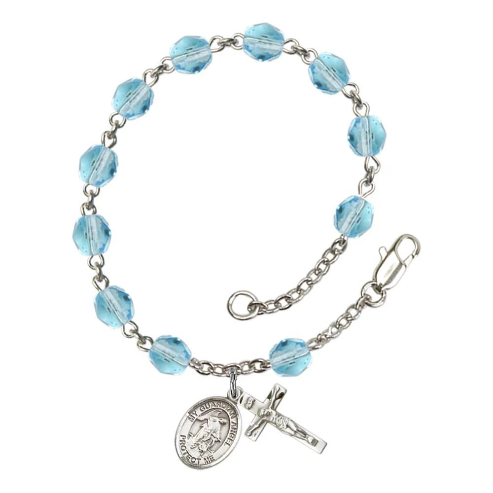 Guardian Angel w/Child Aqua Blue March Rosary Bracelet 6mm