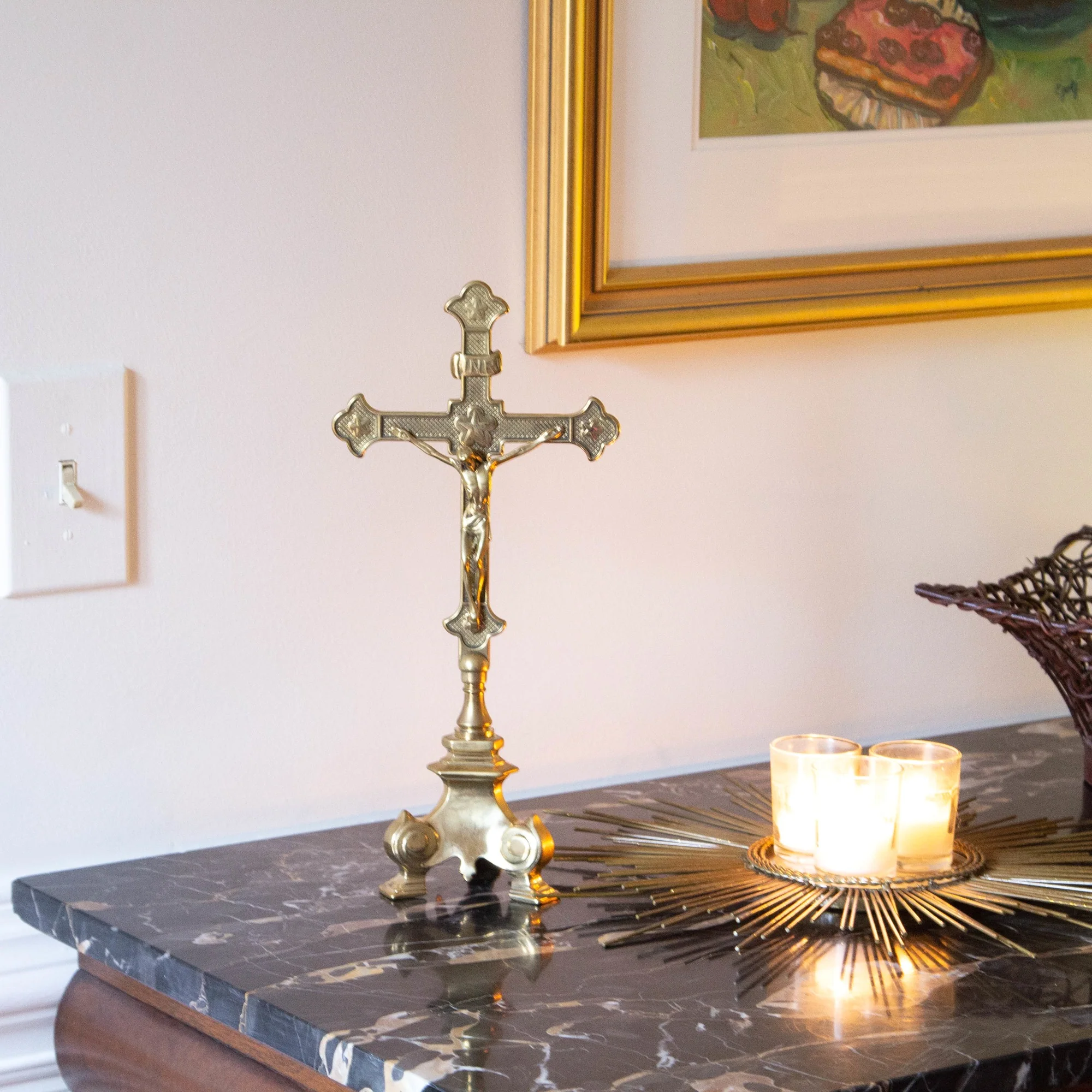 Heavy Three Point Brass Base Crucifix -  13 1/4 inches - Image 3