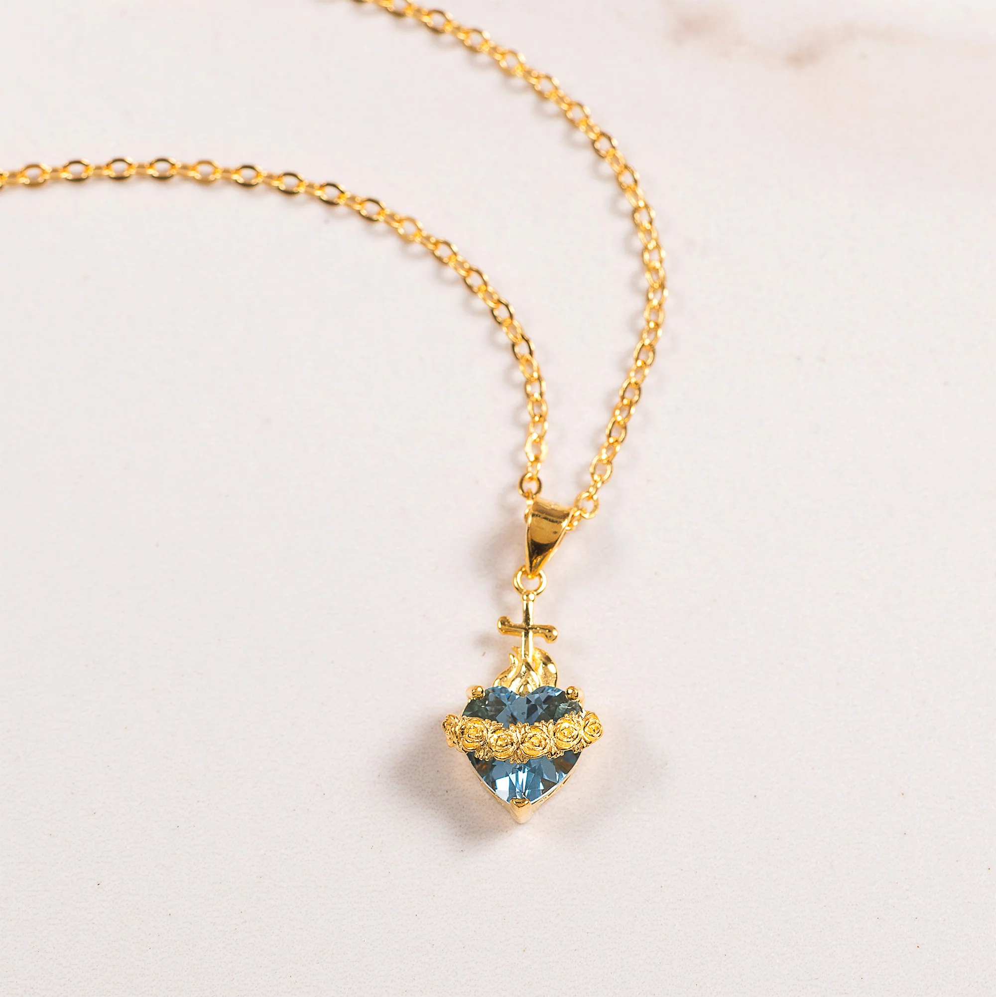 Immaculate Heart Blue Jeweled Necklace - Silver or Gold - Image 2