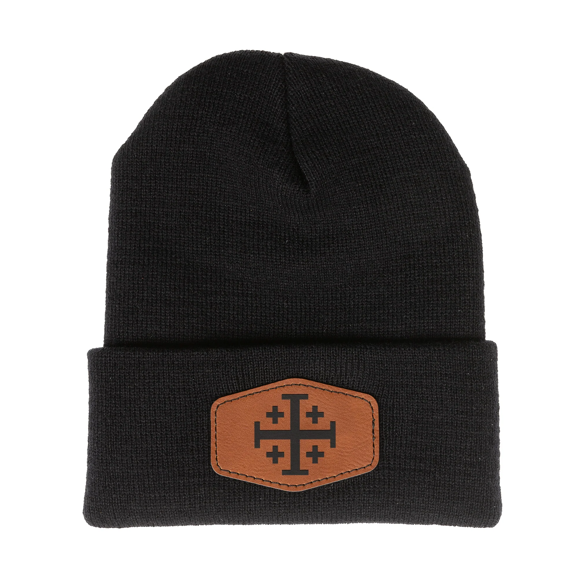 Jerusalem Cross Leather Patch Beanie - Image 3