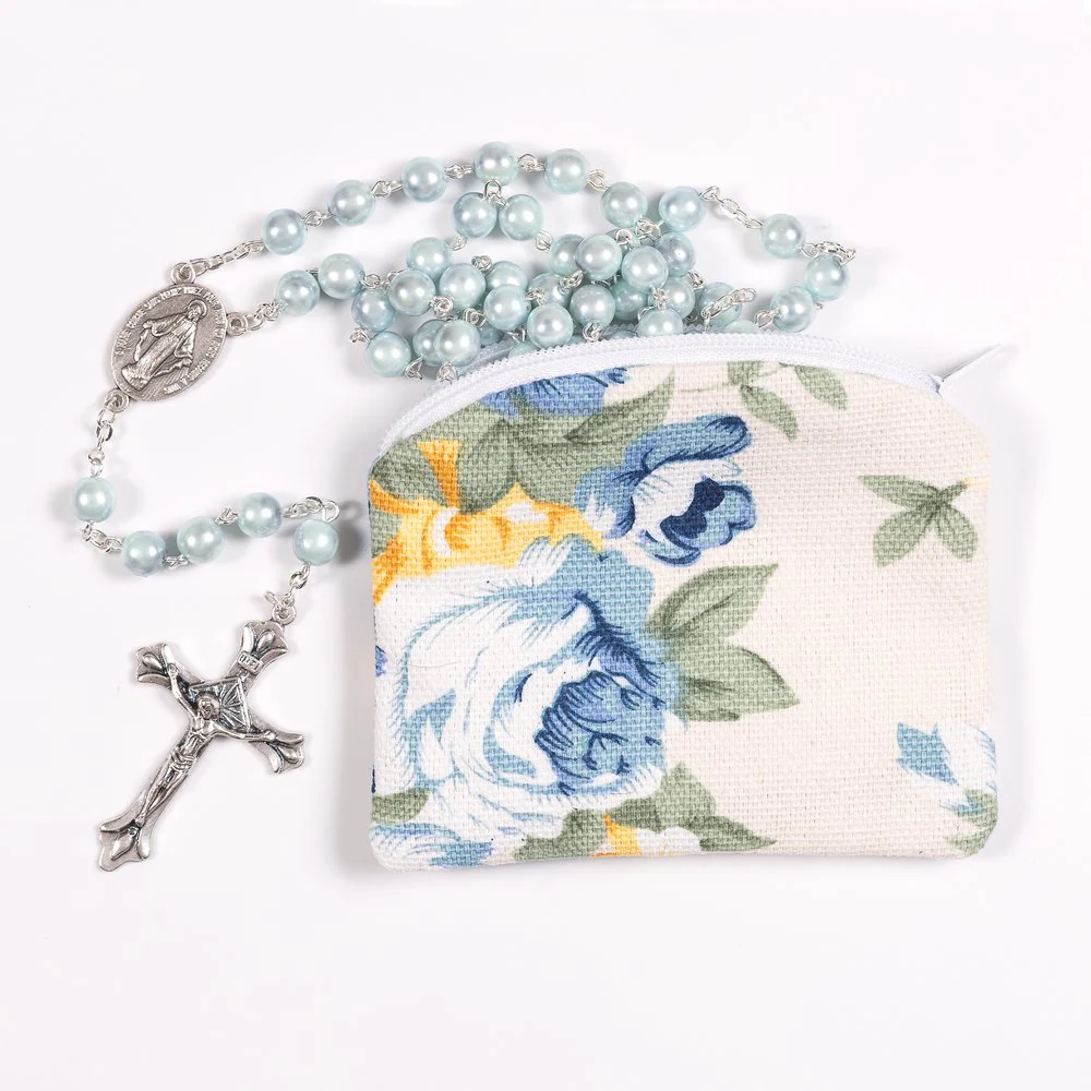 Marian Blue Pearl Rosary in Rose Garden Pouch