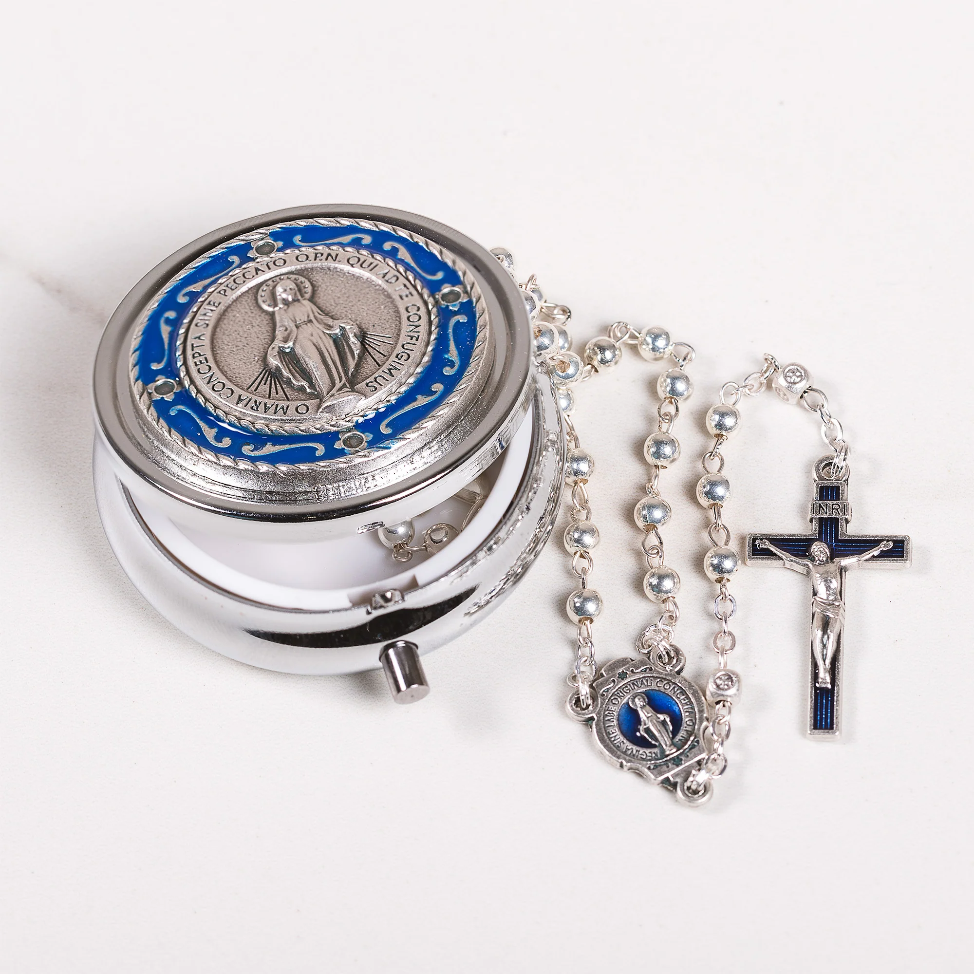 Miraculous Medal & Blue Enamel Rosary with Matching Case - Silver or Two Tone