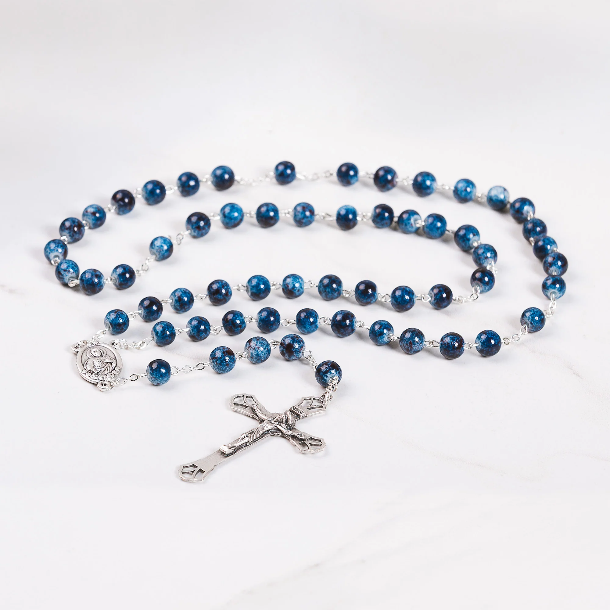 Mother & Child Blue Glass Rosary – Silver Tone