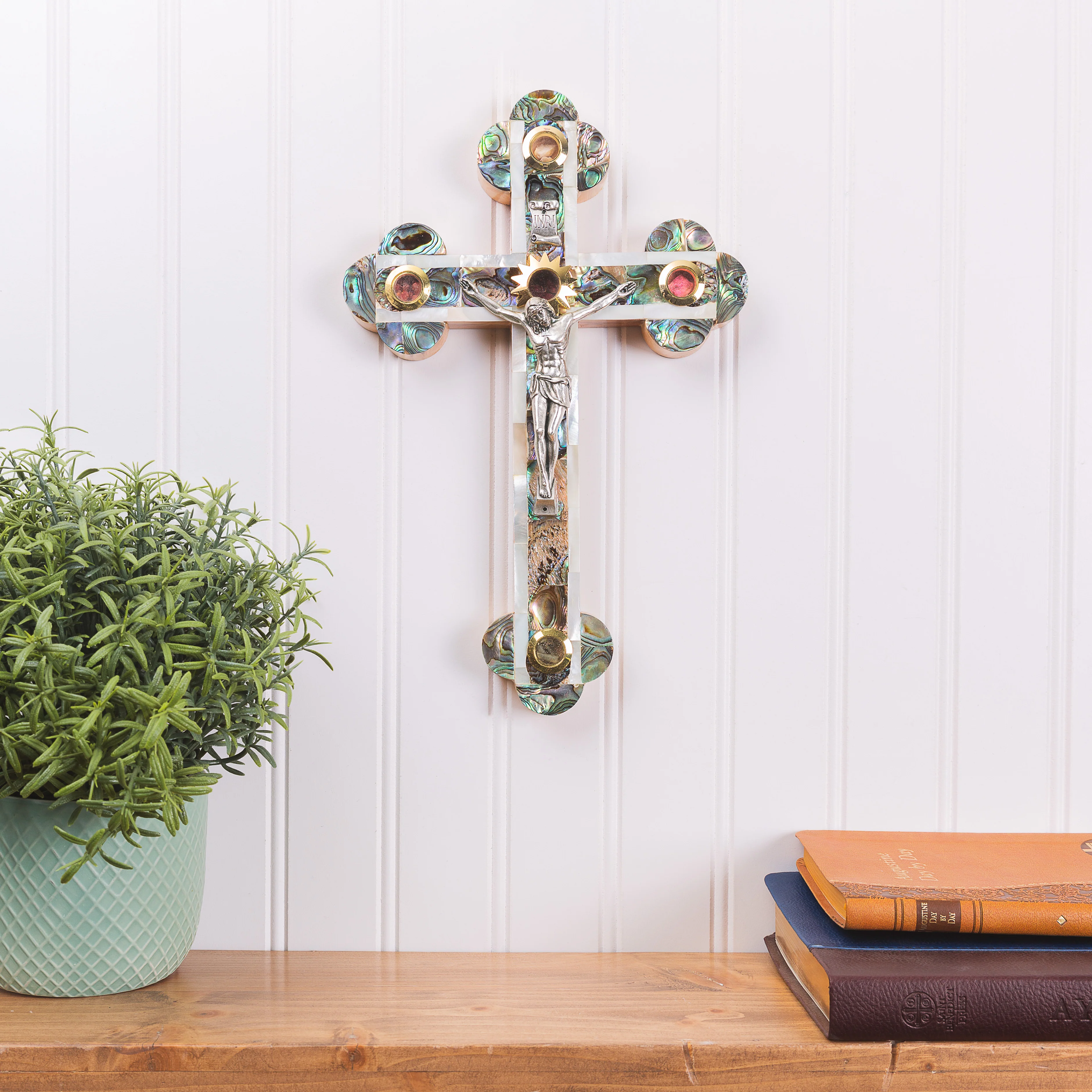 Olive Wood & Mother of Pearl Crucifix with 5 Elements - 11"
