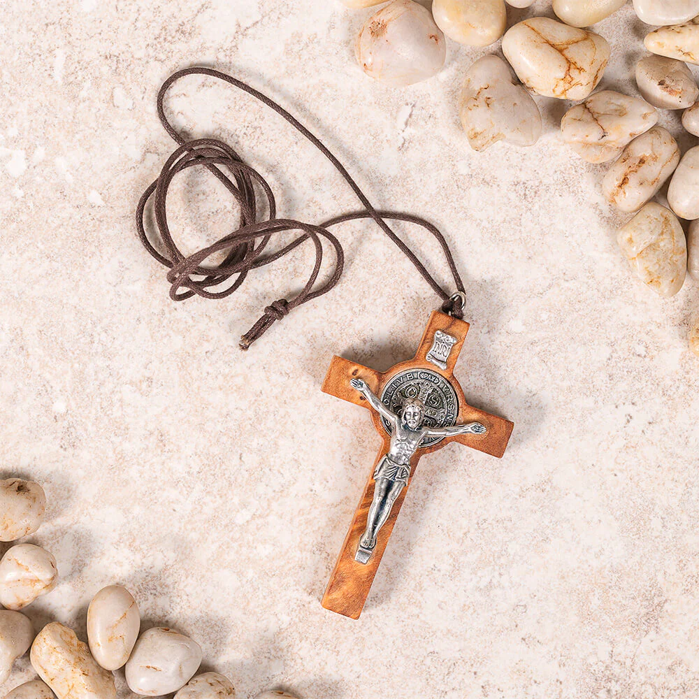 Olive Wood St. Benedict Crucifix Corded Necklace
