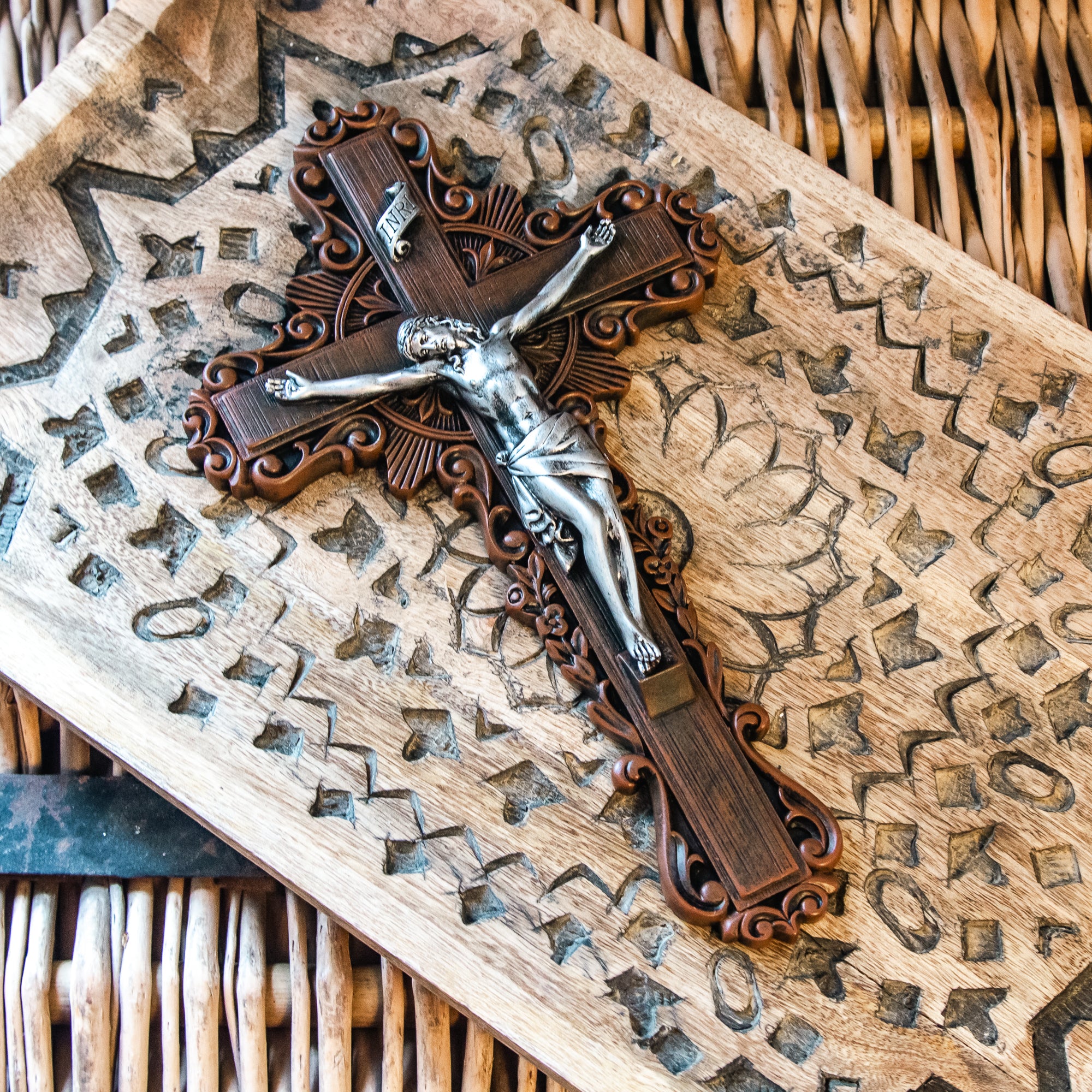 Ornate Wood Look Sunburst Crucifix - 10"