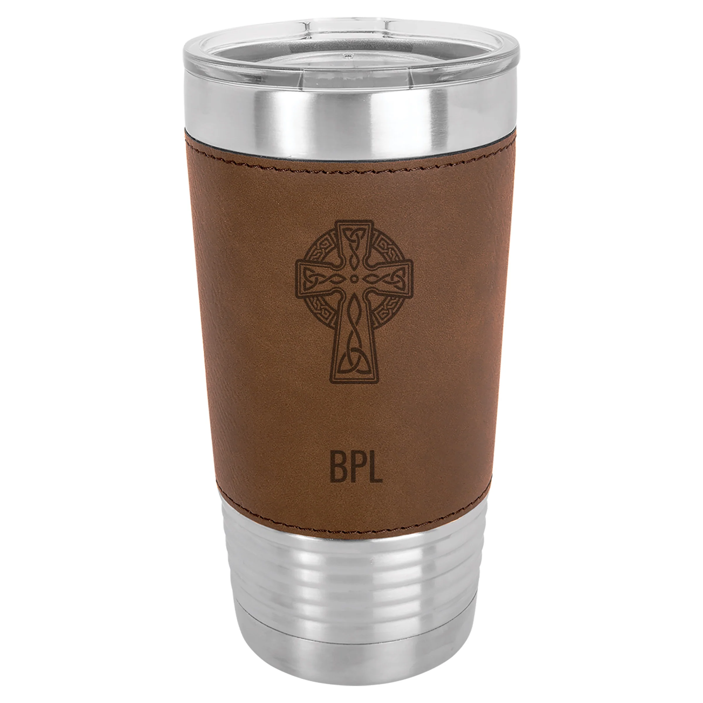 Personalized Celtic Cross Stainless Steel & Leather Tumbler - Image 2