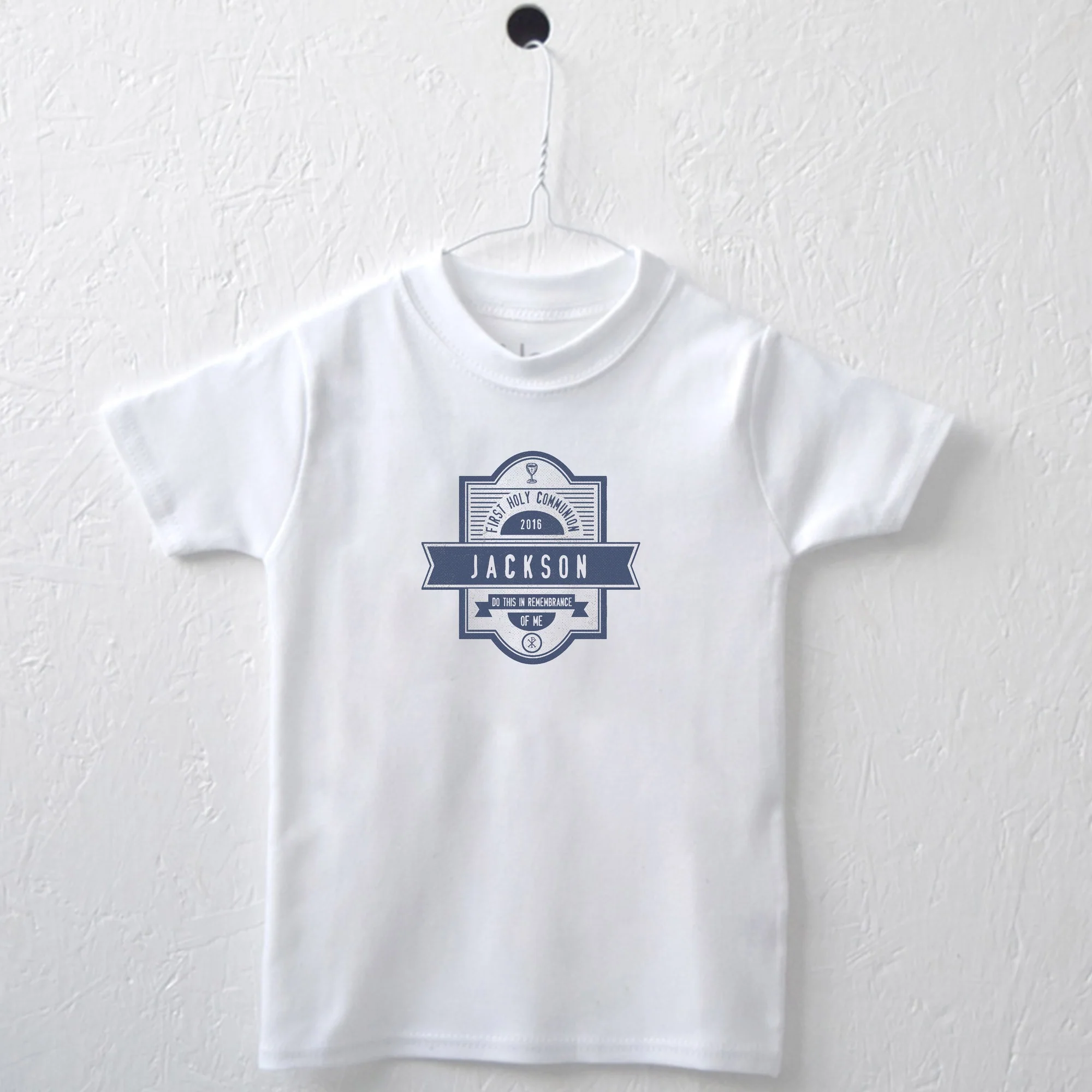 Personalized First Communion Tee - White with Blue - Image 4