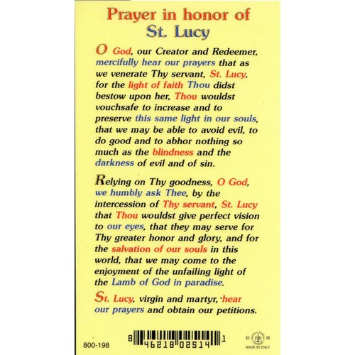 Prayer in Honor of St. Lucy Laminated Prayer Card - Image 2