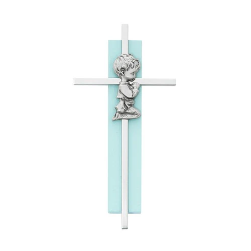 Praying Child Pewter Cross on Colored Wood – Blue or Pink - Image 2