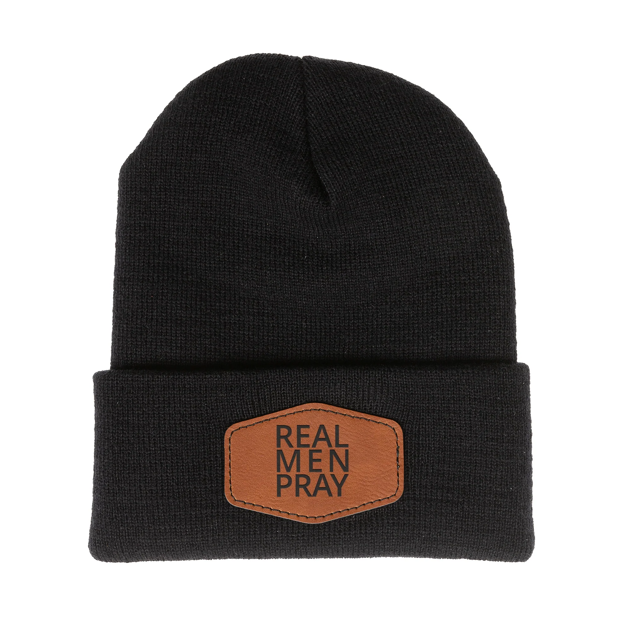 Real Men Pray Leather Patch Beanie - Image 3