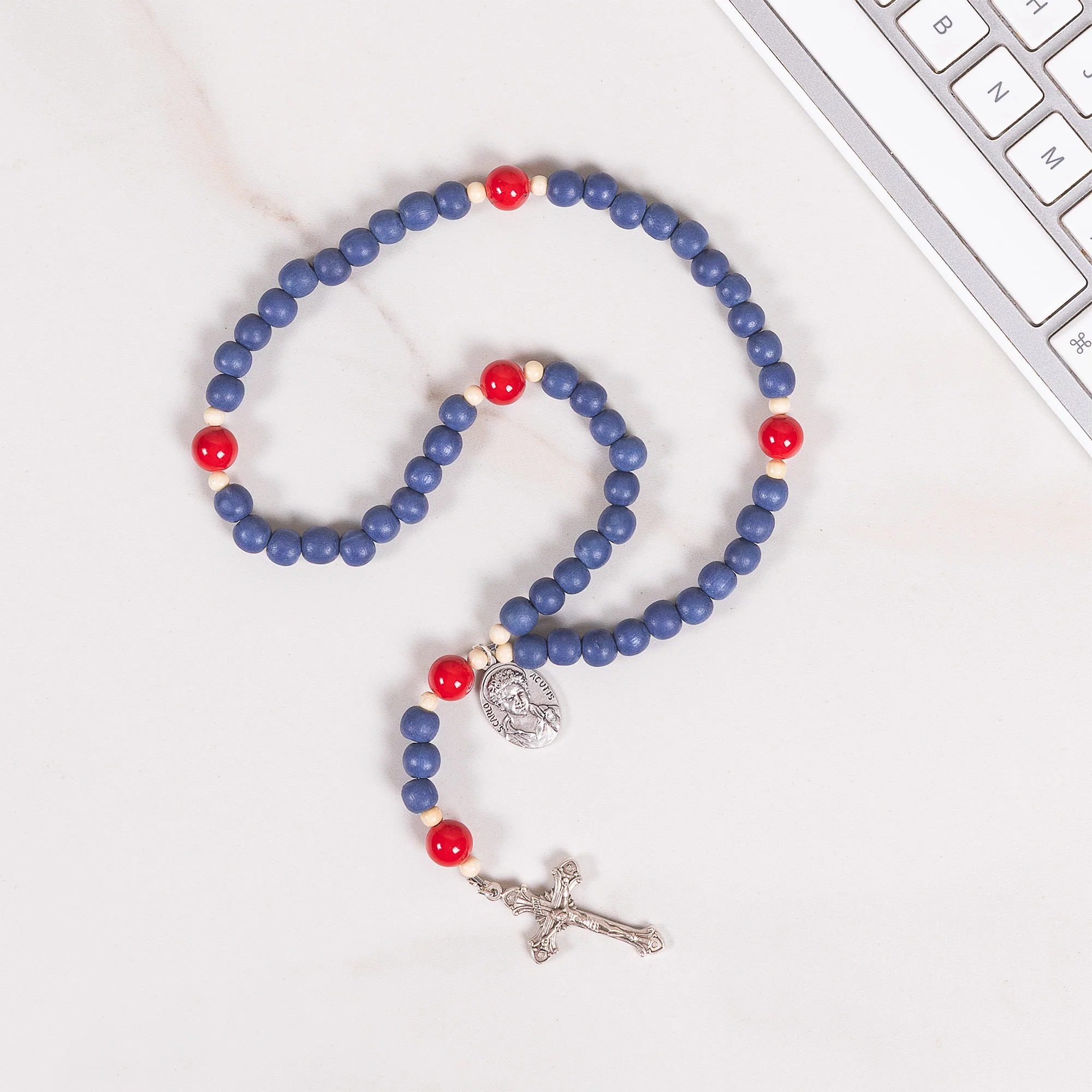 St. Carlo Acutis Blue Wood & Red Mountain Jade Rosary - Image 3