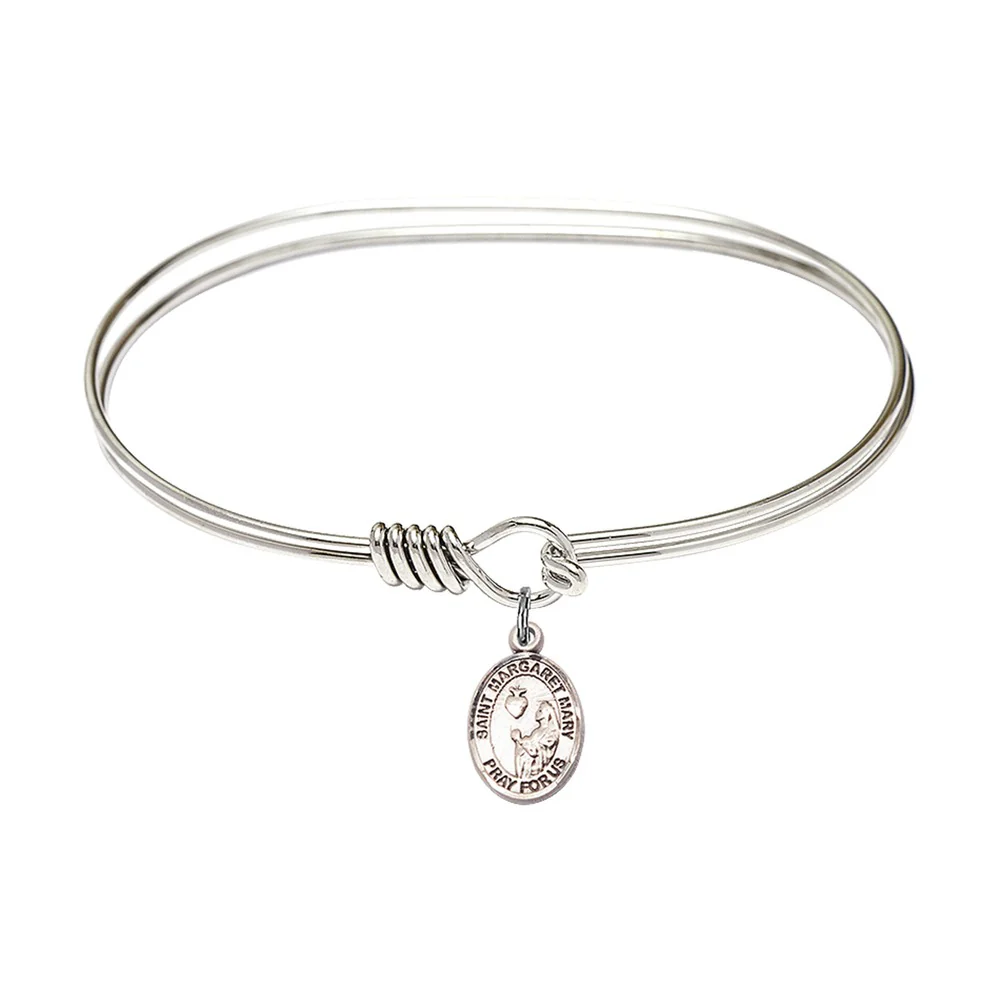St. Margaret Mary Alacoque Medal Charm Bangle Bracelet, Bliss, Rhodium Plated