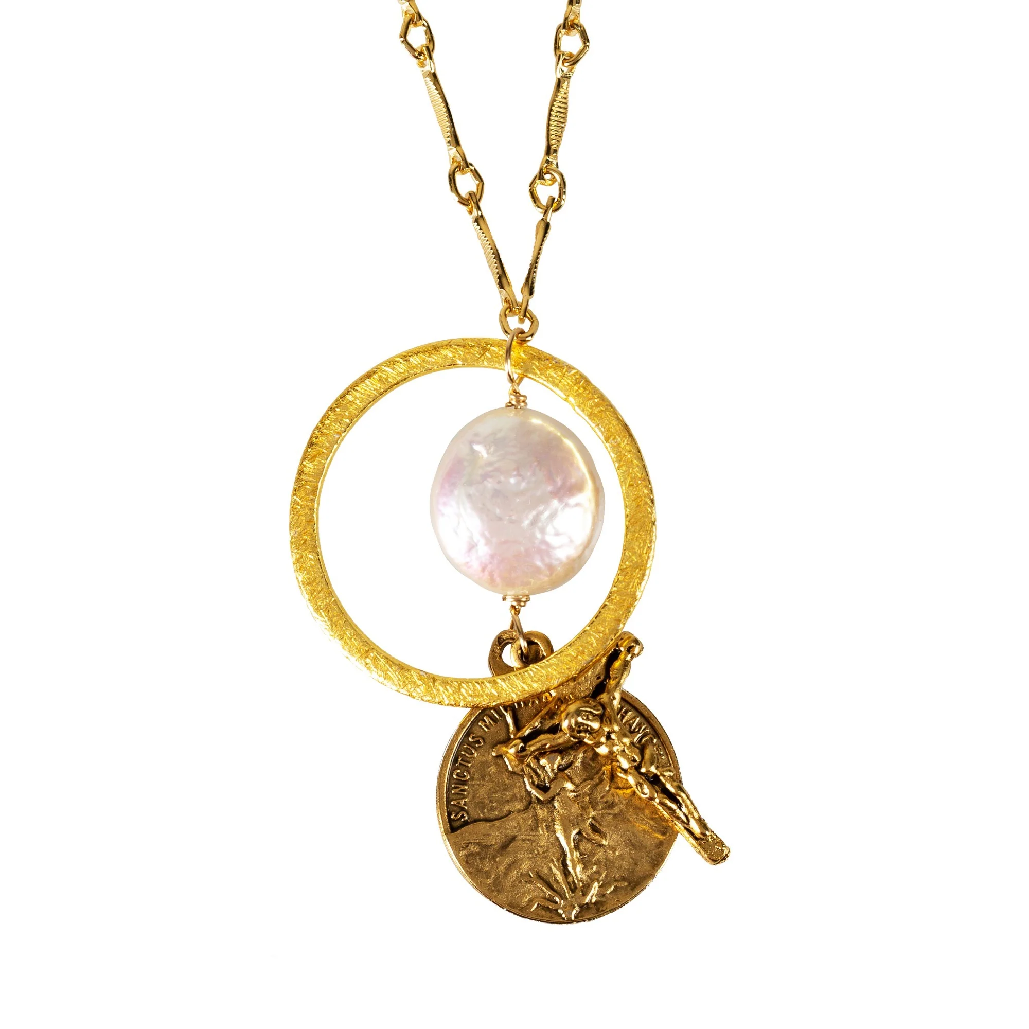 St. Michael, Crucifix and Freshwater Pearl Necklace
