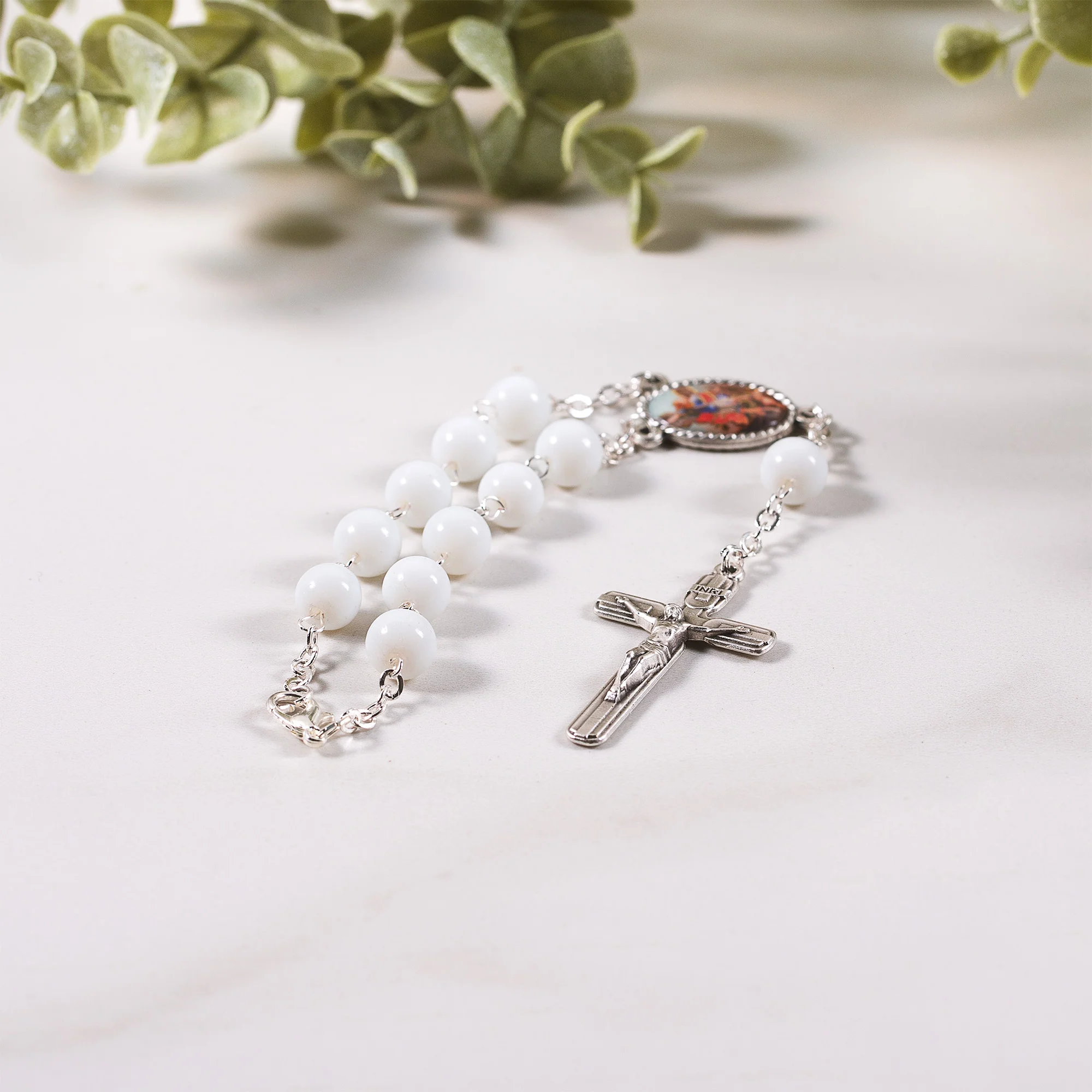 St. Michael White Glass Auto Rosary - Image 6
