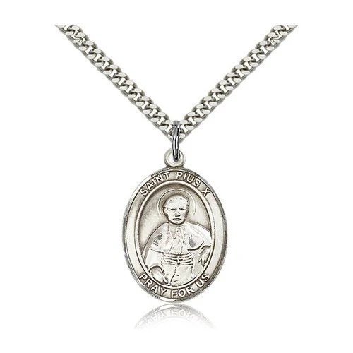 St. Pius X Pendant with Chain, Bliss, Sterling Silver