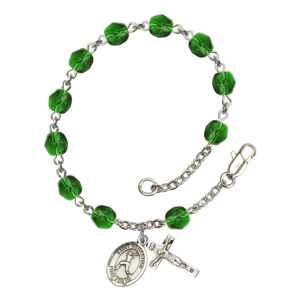 St. Sebastian/Softball Green May Rosary Bracelet 6mm