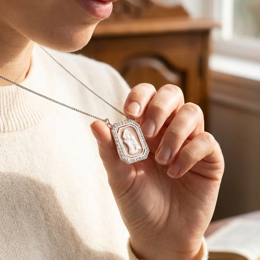 Sterling Silver & Crystal Madonna & Child Cameo Necklace - Image 3