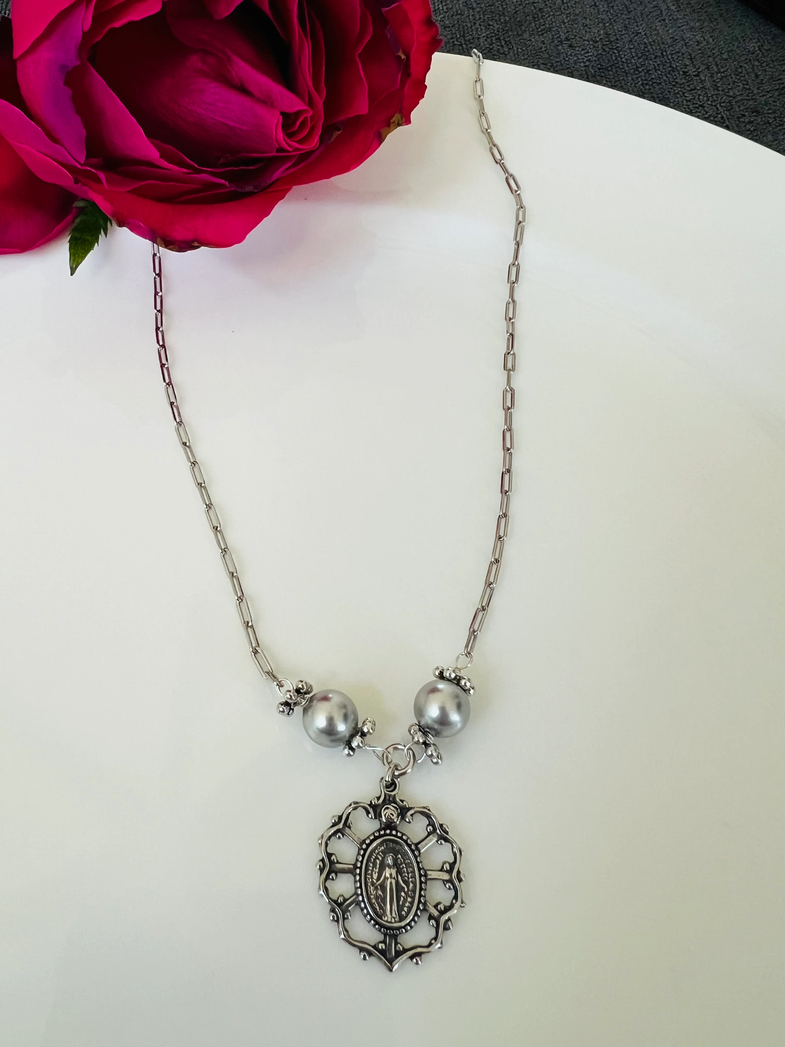 Sterling Silver & Pearl 7 Sorrows Miraculous Medal Necklace