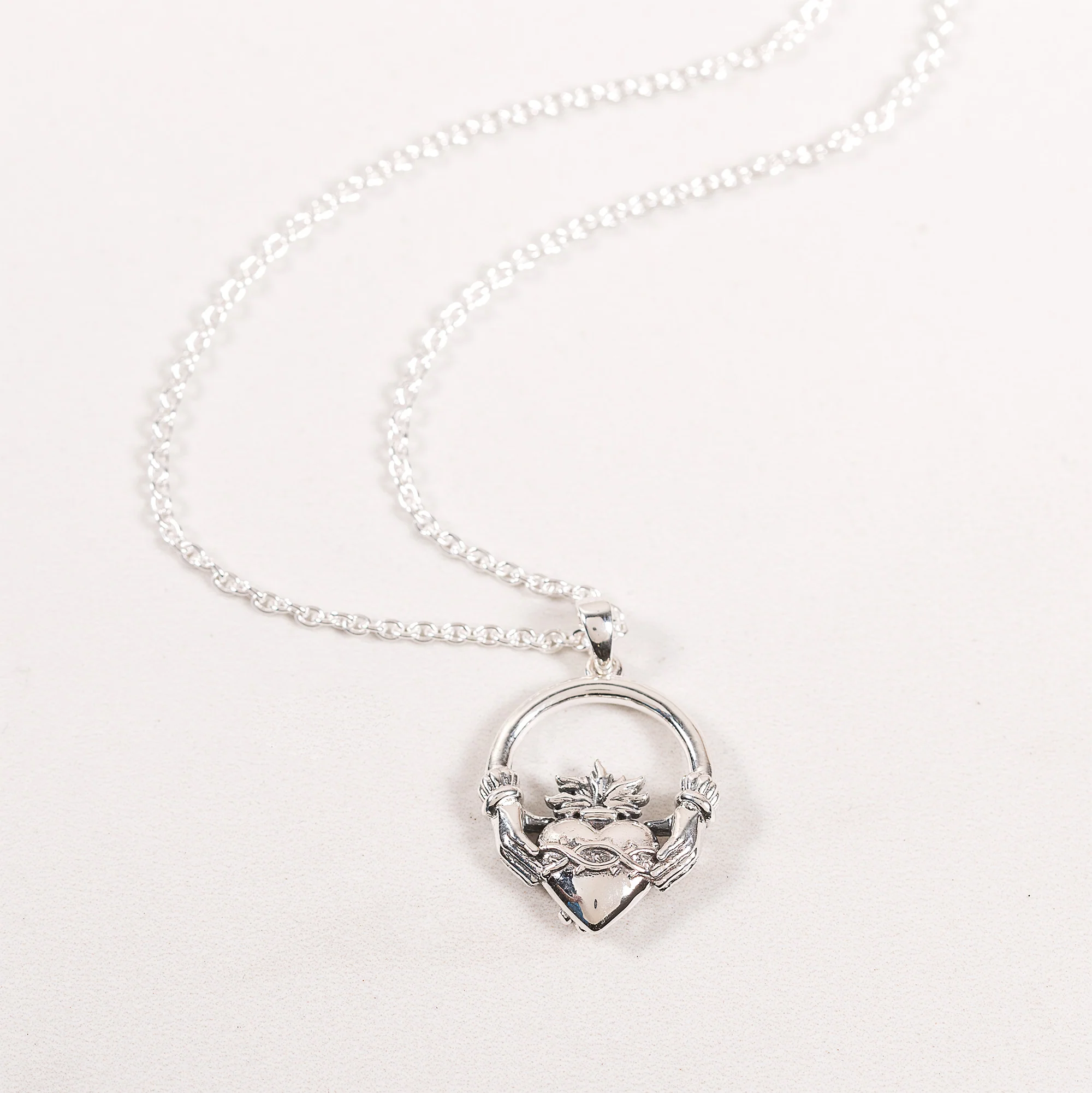 Sterling Silver Sacred Heart Claddagh Necklace - Image 2
