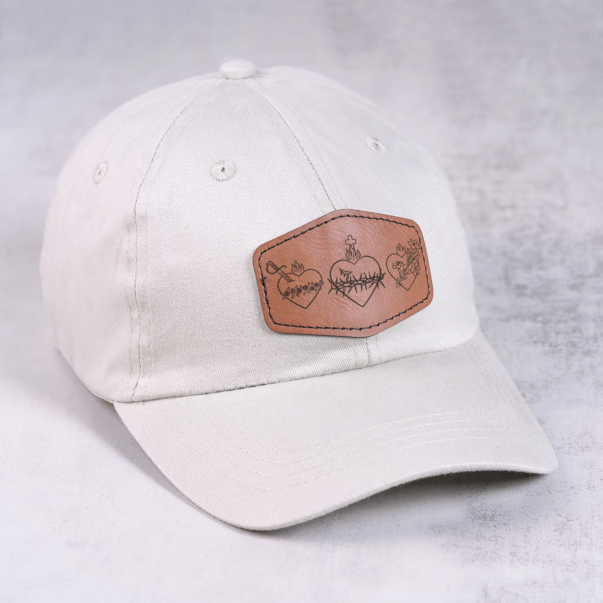 Three Hearts Leather Patch Ball Cap - stone