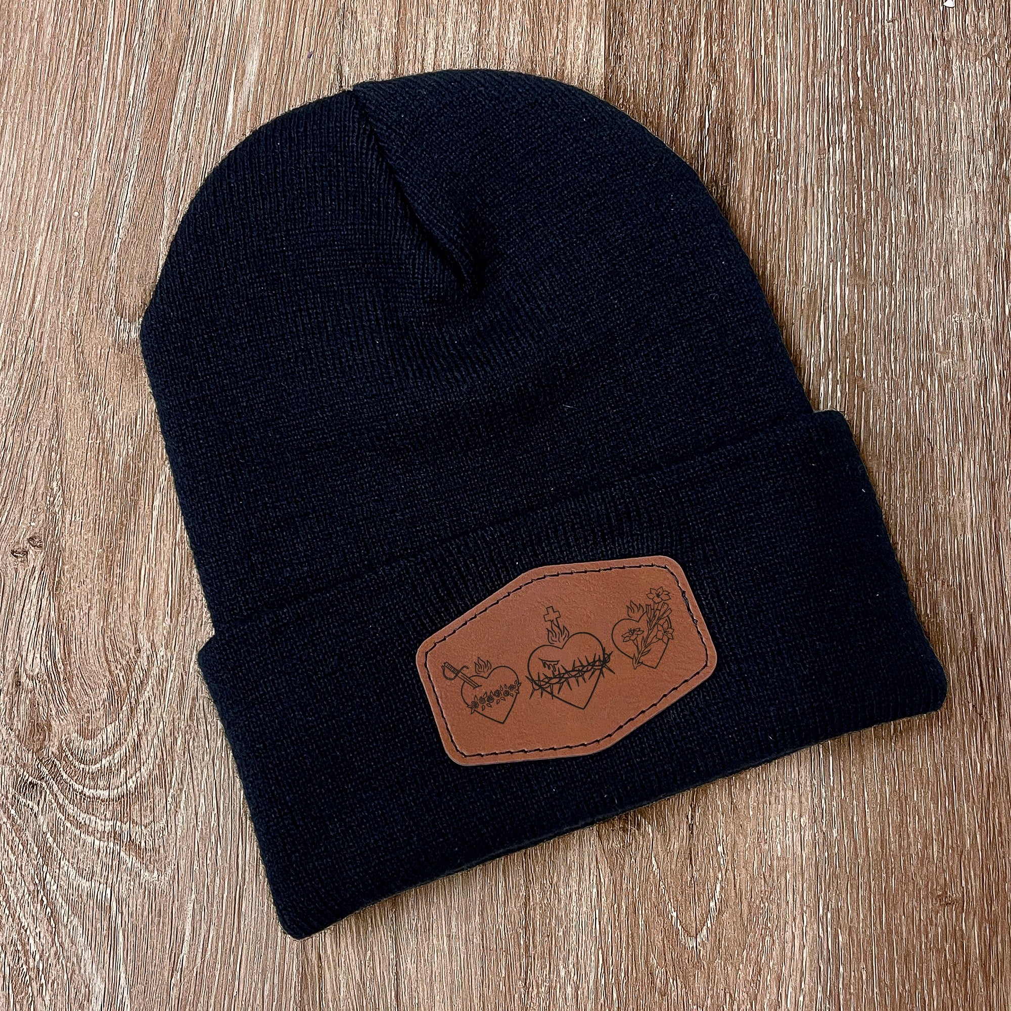Three Hearts Leather Patch Beanie