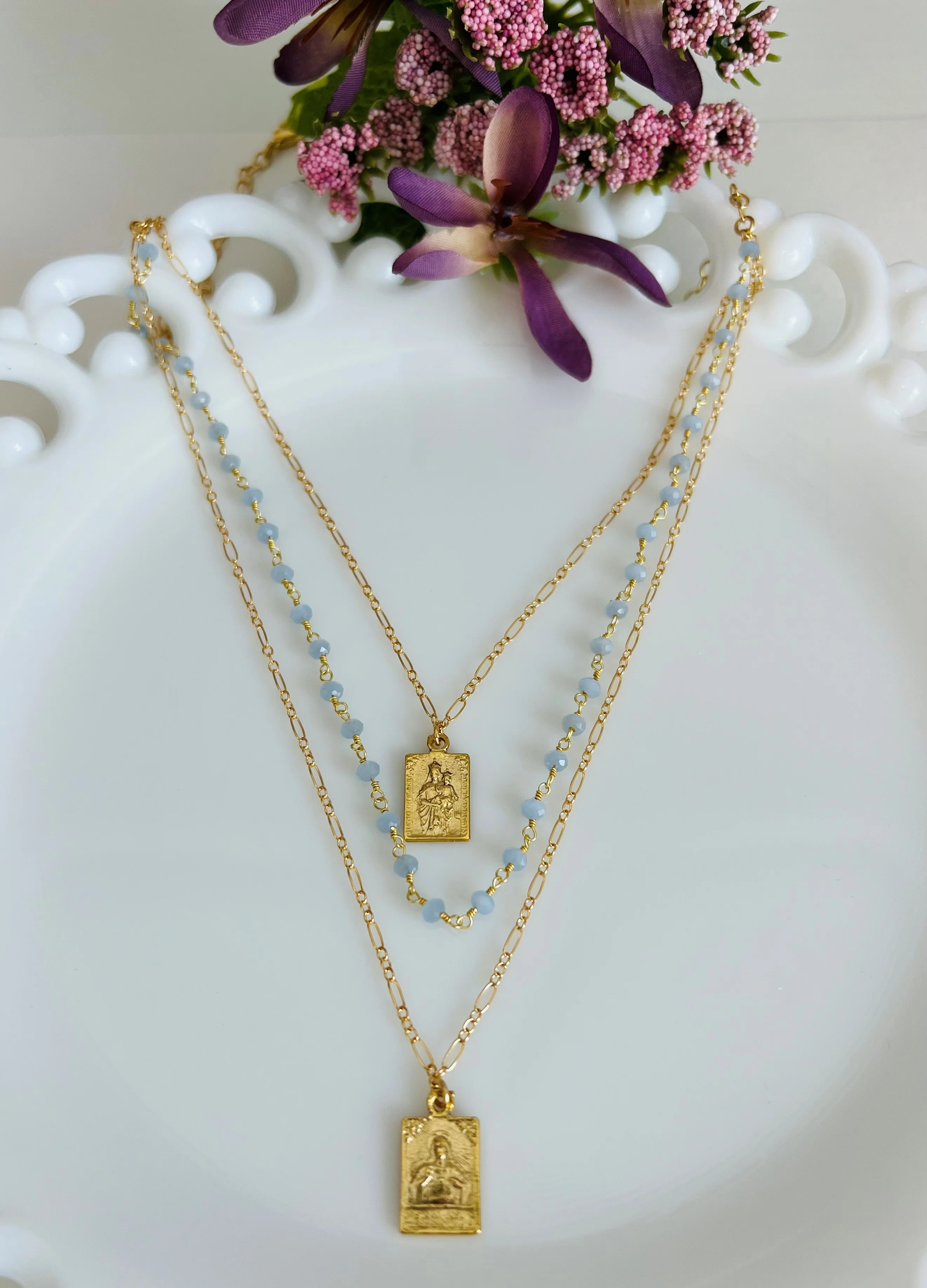 Triple Strand Scapular & Chalcedony Necklace