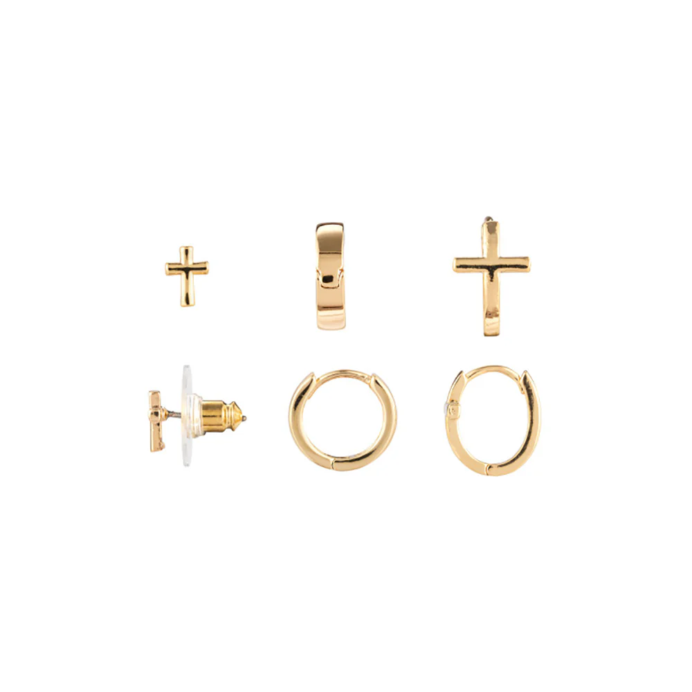 Wrapped In Prayer Dainty Cross Earrings Set - 3 Pairs - Silver or Gold