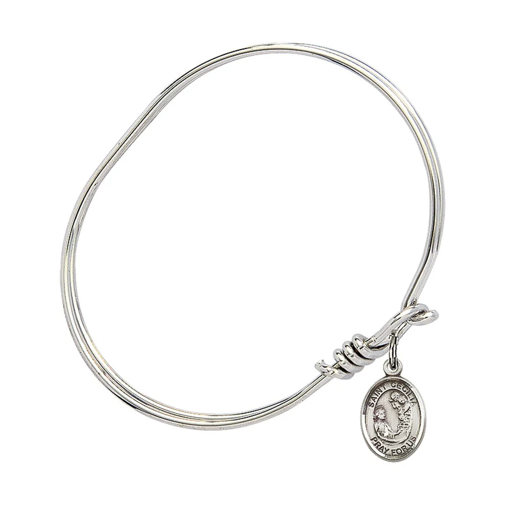 Youth 5 3/4" Rhodium Plated Bangle Bracelet with St. Cecilia Medal Charm - Image 2