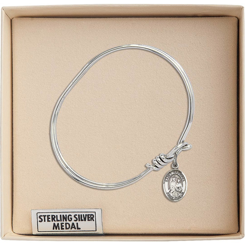 Youth 5 3/4" Rhodium Plated Bangle Bracelet with St. Raphael the Archangel Medal Charm