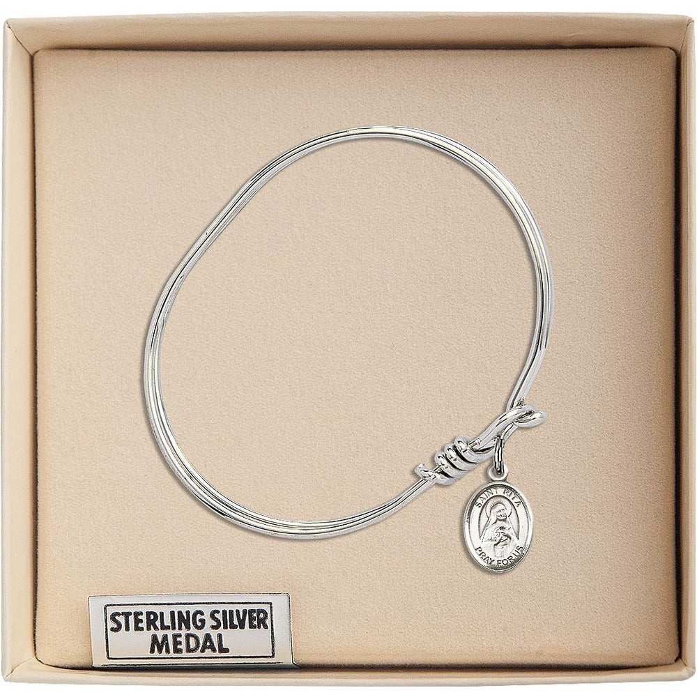 Youth 5 3/4" Rhodium Plated Bangle Bracelet with St. Rita of Cascia Medal Charm - Image 3