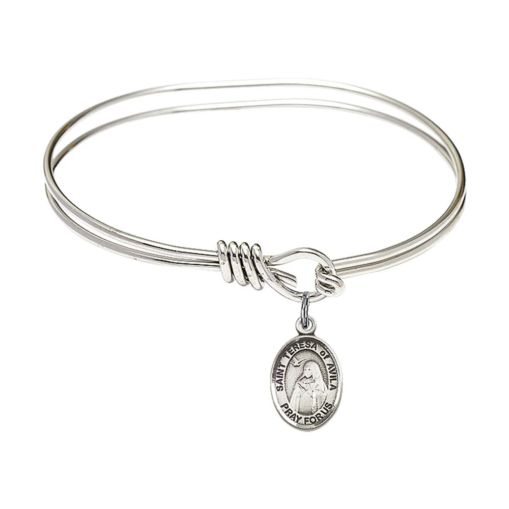 Youth 5 3/4" Rhodium Plated Bangle Bracelet with St. Teresa of Avila Medal Charm