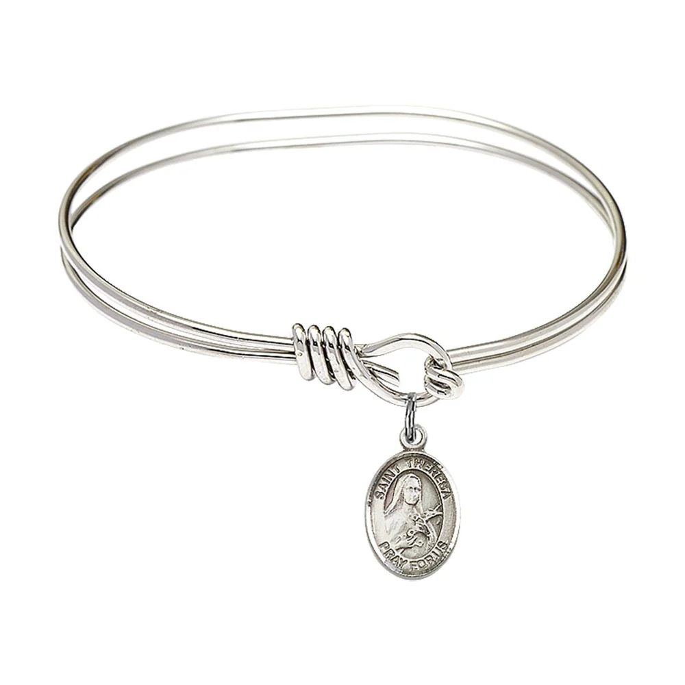 Youth 5 3/4" Rhodium Plated Bangle Bracelet with St. Theresa Medal Charm